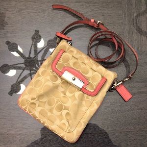 Coach Tan Monogram Crossbody Bag Pink Trim